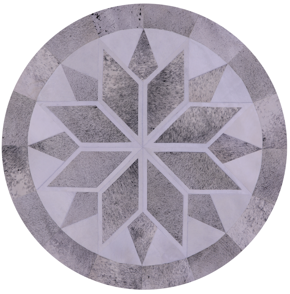 Grey & White Round Patchwork Natural Cowhide Rug - 6' 7" x 6' 7"