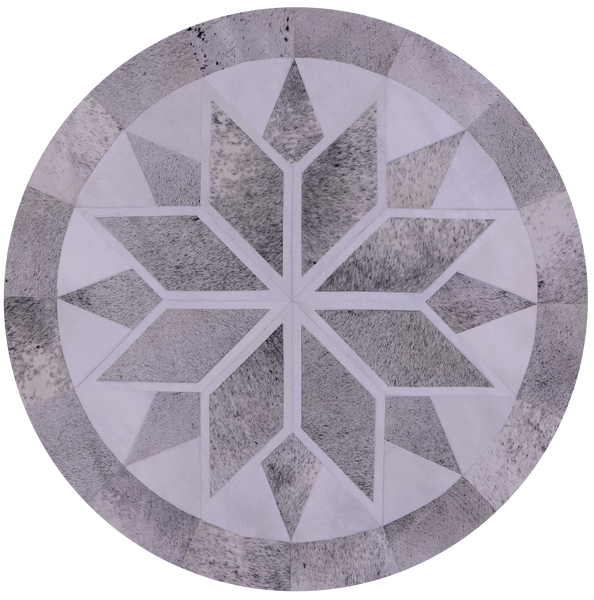 Grey & White Round Patchwork Natural Cowhide Rug - 6' 7" x 6' 7"