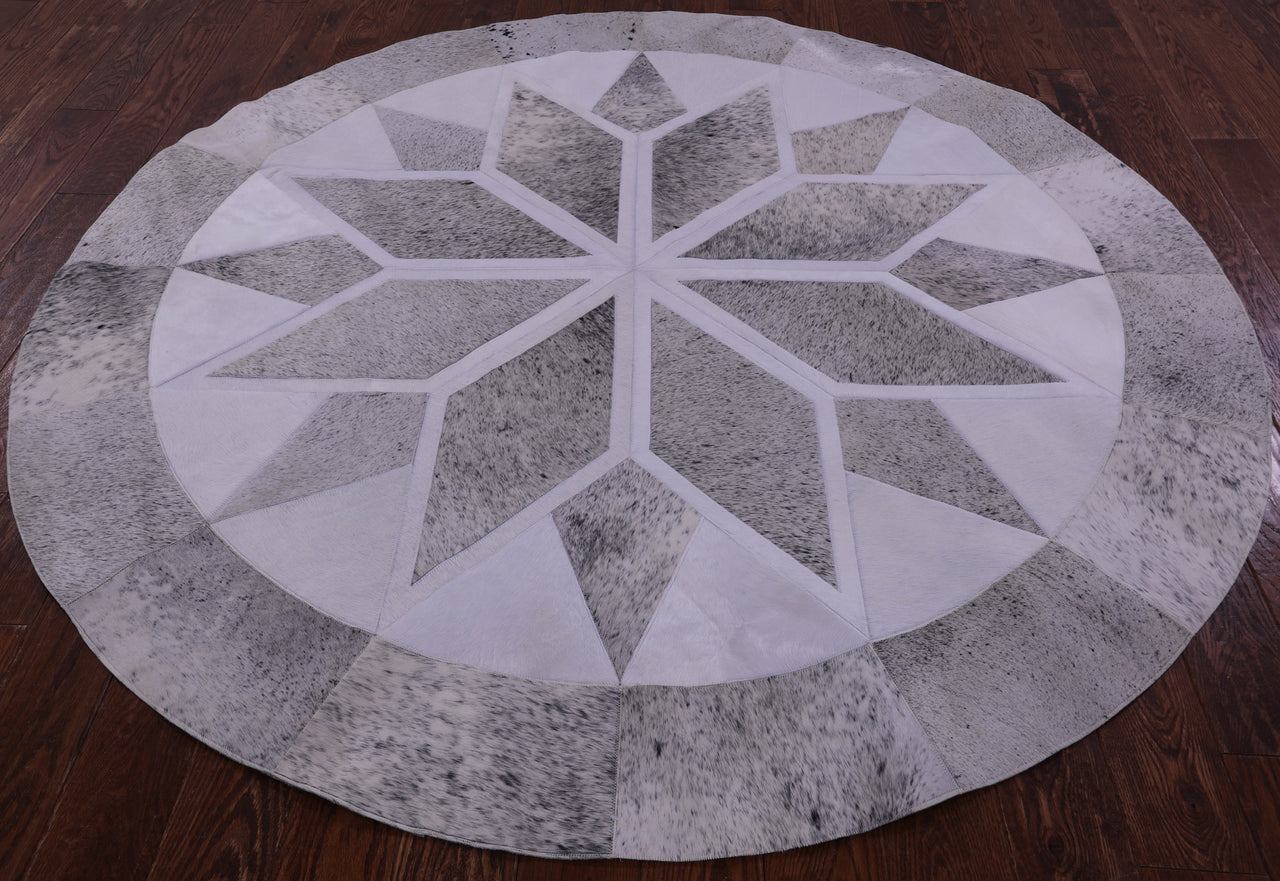 Grey & White Round Patchwork Natural Cowhide Rug - 6' 7" x 6' 7"