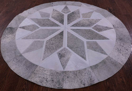 Grey & White Round Patchwork Natural Cowhide Rug - 6' 7
