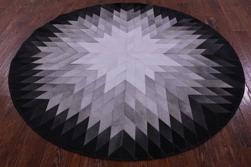 Black & White Round Patchwork Natural Cowhide Rug - 6' 7