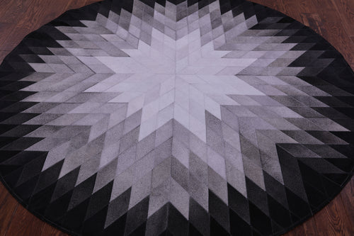 Black & White Round Patchwork Natural Cowhide Rug - 6' 7