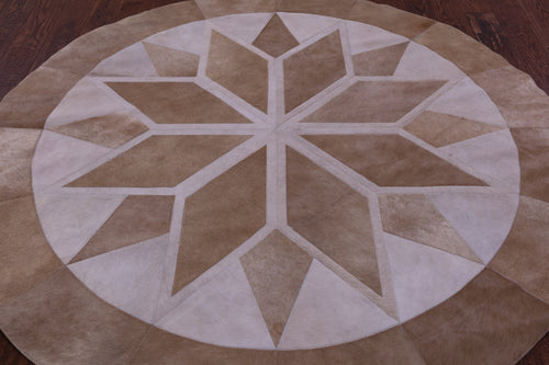 Brown Round Patchwork Natural Cowhide Rug - 6' 6