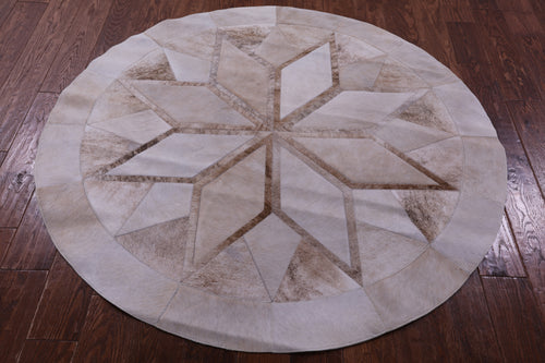 Brown Round Patchwork Natural Cowhide Rug - 5' 0