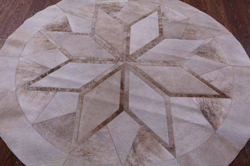 Brown Round Patchwork Natural Cowhide Rug - 5' 0