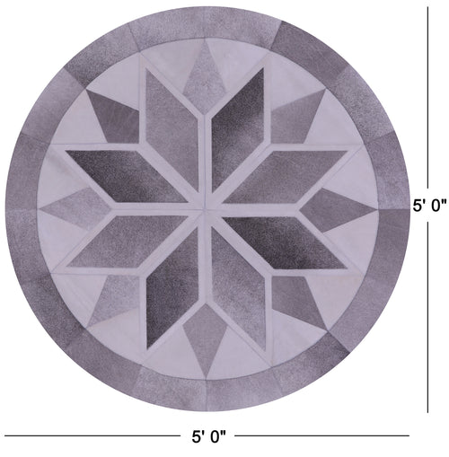 Grey & White Round Patchwork Natural Cowhide Rug - 5' 0
