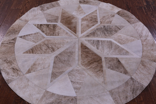 Brown Round Patchwork Natural Cowhide Rug - 5' 0