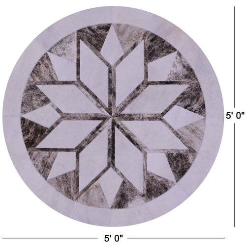 Brown & White Round Patchwork Natural Cowhide Rug - 5' 0