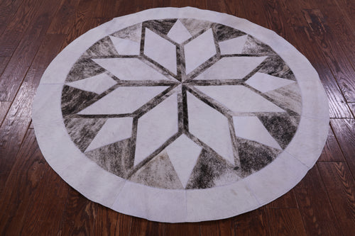 Brown & White Round Patchwork Natural Cowhide Rug - 5' 0