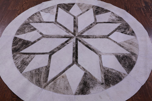 Brown & White Round Patchwork Natural Cowhide Rug - 5' 0