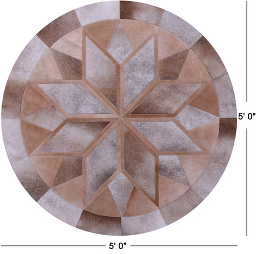 Brown Round Patchwork Natural Cowhide Rug - 5' 0