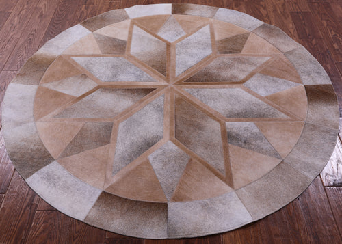 Brown Round Patchwork Natural Cowhide Rug - 5' 0