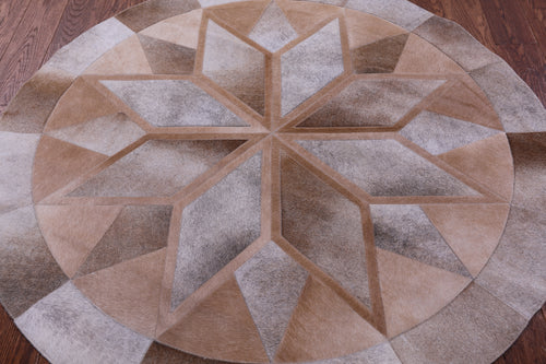 Brown Round Patchwork Natural Cowhide Rug - 5' 0