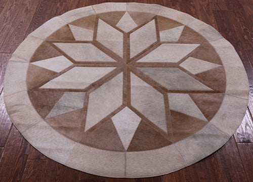Brown Round Patchwork Natural Cowhide Rug - 5' 0