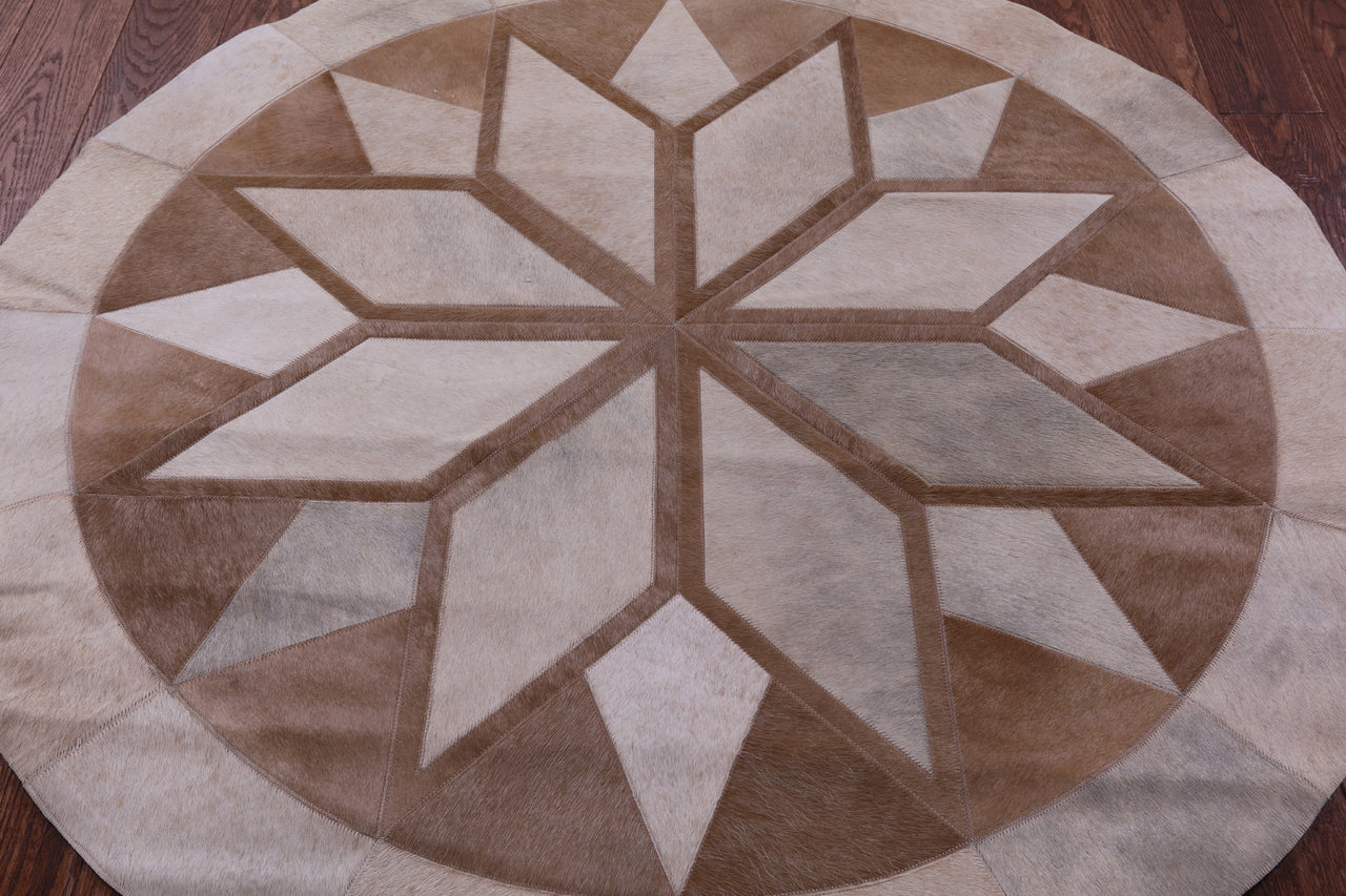 Brown Round Patchwork Natural Cowhide Rug - 5' 0" x 5' 0"