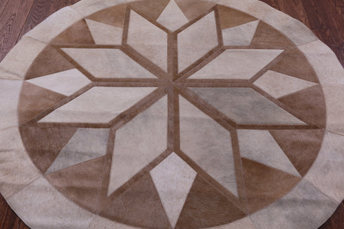 Brown Round Patchwork Natural Cowhide Rug - 5' 0