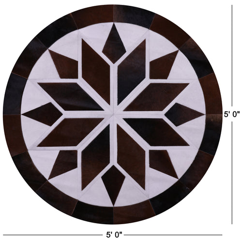 Brown & White Round Patchwork Natural Cowhide Rug - 5' 0