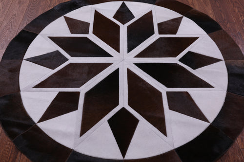 Brown & White Round Patchwork Natural Cowhide Rug - 5' 0