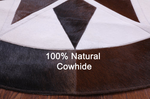 Brown & White Round Patchwork Natural Cowhide Rug - 5' 0