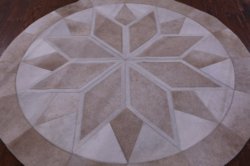 Brown Round Patchwork Natural Cowhide Rug - 5' 0