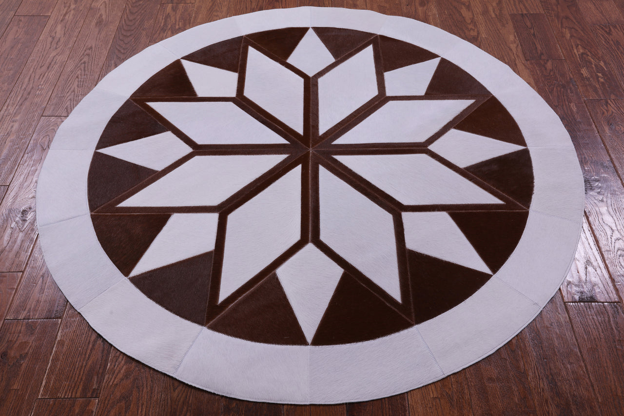 Brown & White Round Patchwork Natural Cowhide Rug - 5' 0" x 5' 0"