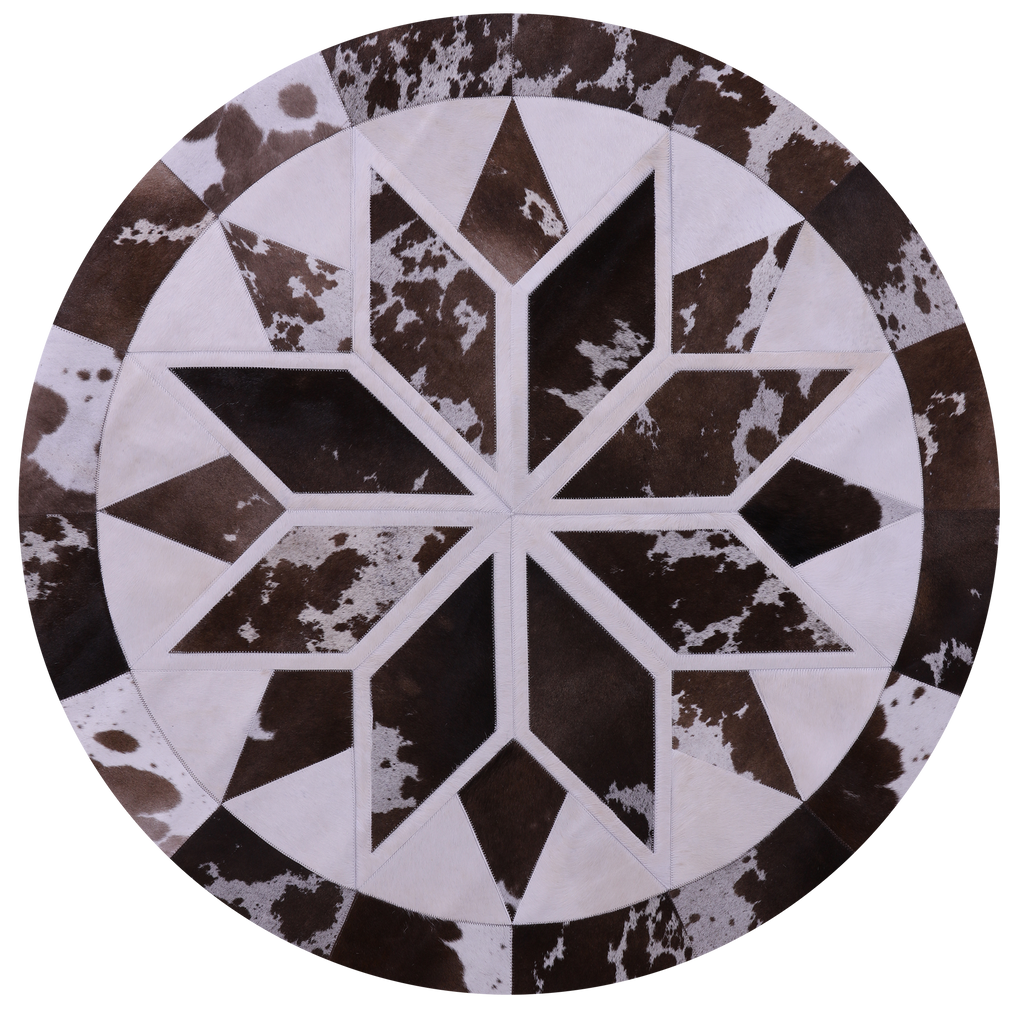 Brown & White Round Star Patchwork Natural Cowhide Rug - 5' 0" x 5' 0"