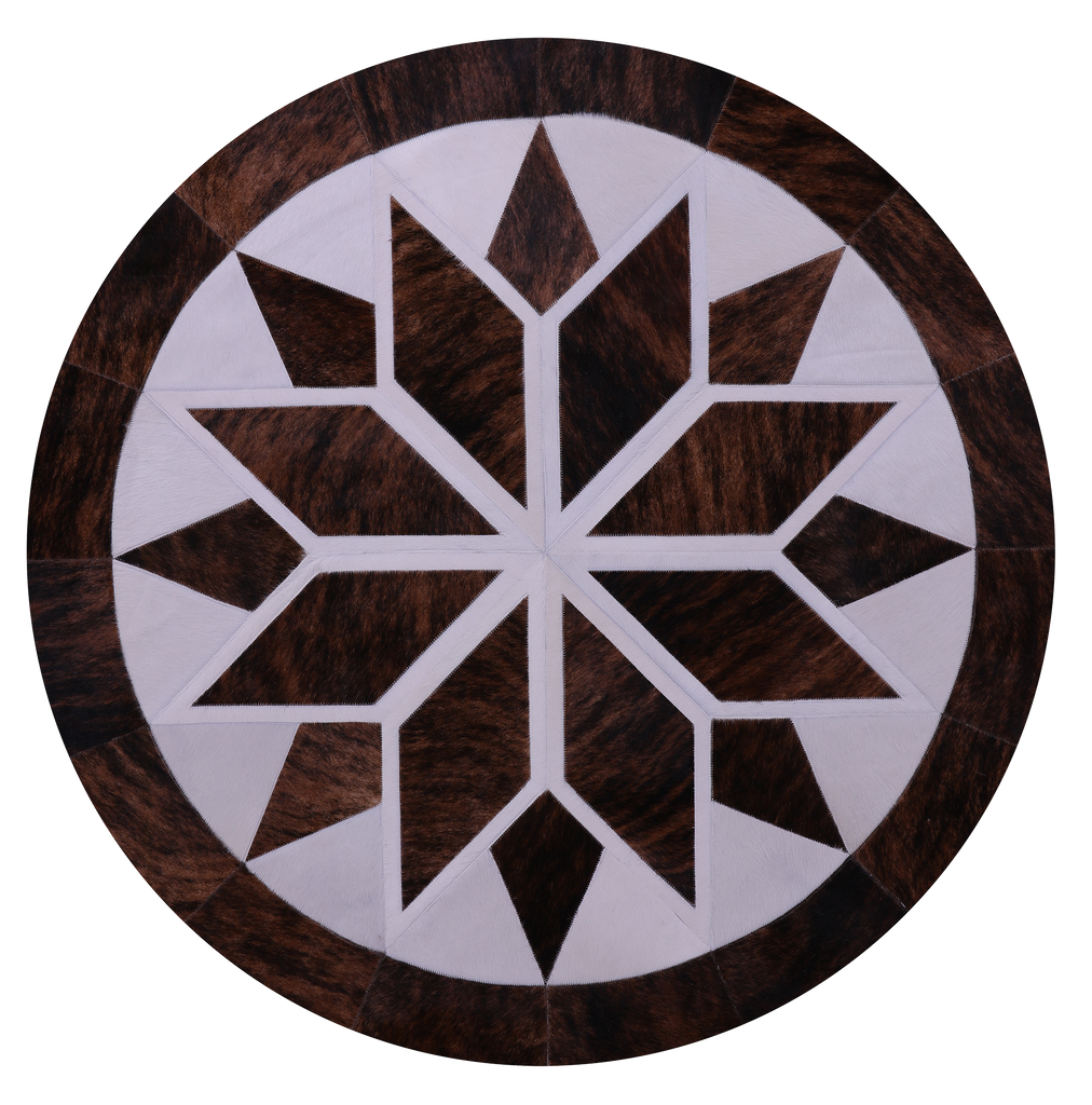 Brown & White Round Star Patchwork Natural Cowhide Rug - 5' 0" x 5' 0"