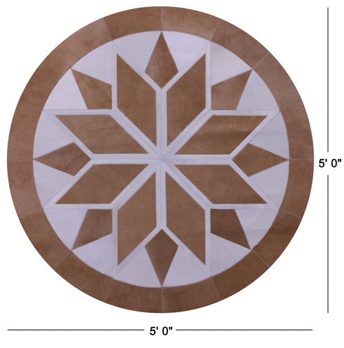 Brown & White Round Patchwork Natural Cowhide Rug - 5' 0