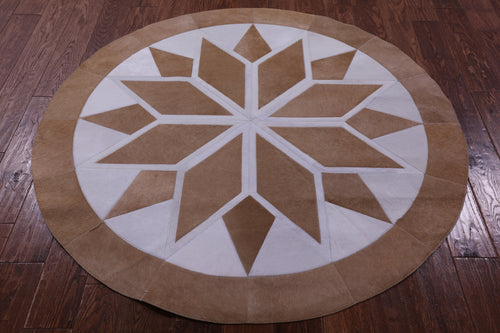 Brown & White Round Patchwork Natural Cowhide Rug - 5' 0