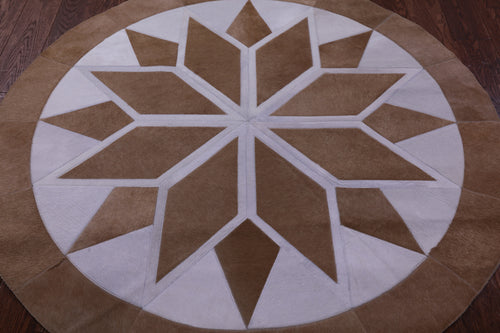 Brown & White Round Patchwork Natural Cowhide Rug - 5' 0