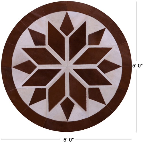 Brown & White Round Patchwork Natural Cowhide Rug - 5' 0