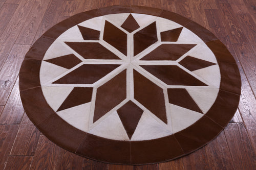 Brown & White Round Patchwork Natural Cowhide Rug - 5' 0
