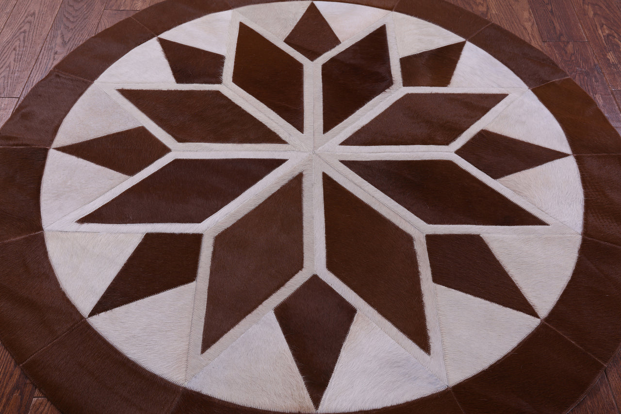 Brown & White Round Patchwork Natural Cowhide Rug - 5' 0" x 5' 0"