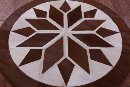 Brown & White Round Patchwork Natural Cowhide Rug - 5' 0