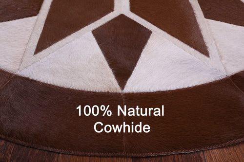 Brown & White Round Patchwork Natural Cowhide Rug - 5' 0