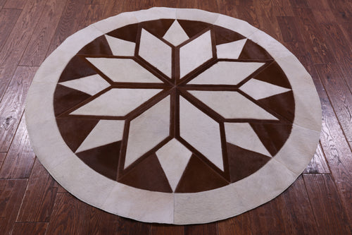 Brown & White Round Patchwork Natural Cowhide Rug - 5' 0