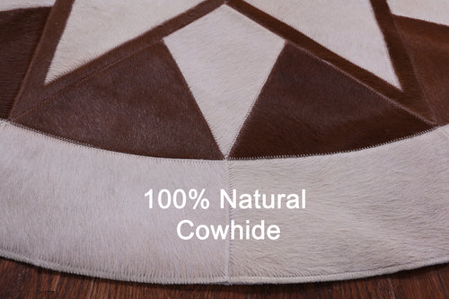 Brown & White Round Patchwork Natural Cowhide Rug - 5' 0