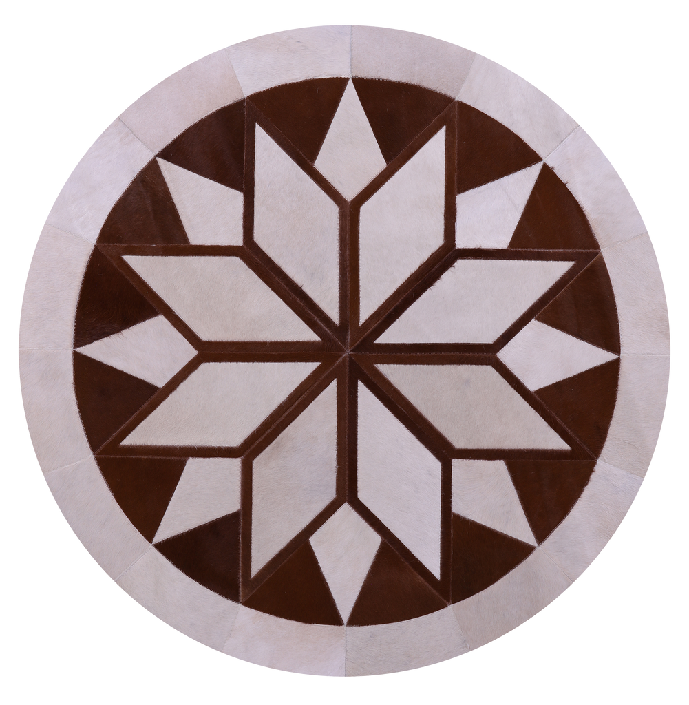 Brown & White Round Patchwork Natural Cowhide Rug - 5' 0" x 5' 0"