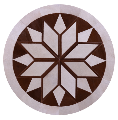 Brown & White Round Patchwork Natural Cowhide Rug - 5' 0