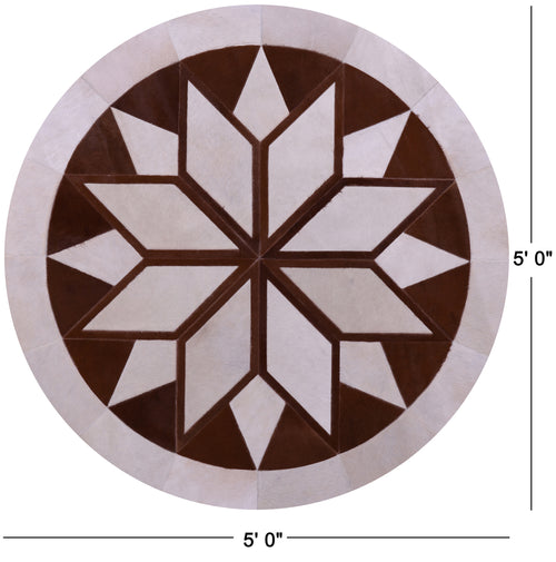 Brown & White Round Patchwork Natural Cowhide Rug - 5' 0