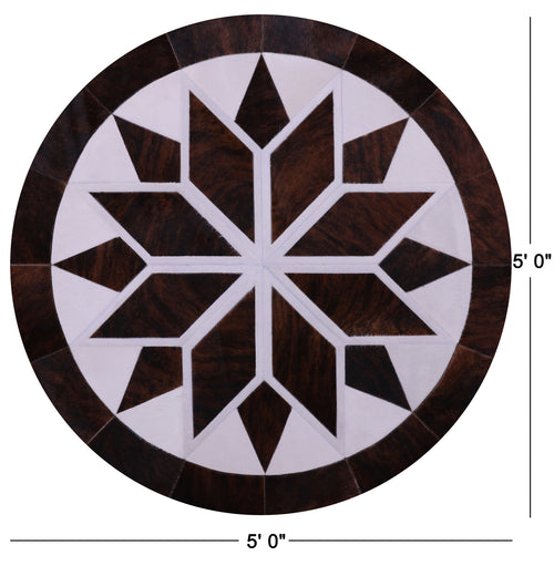 Brown & White Round Patchwork Natural Cowhide Rug - 5' 0