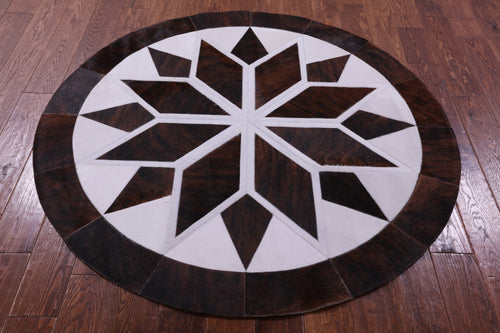 Brown & White Round Patchwork Natural Cowhide Rug - 5' 0