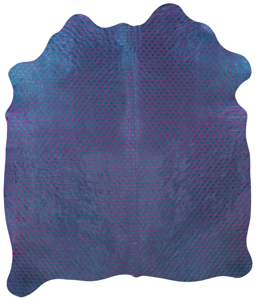 Printed Blue Pink Natural Laser Engraved Cowhide Rug - Medium 5'11"H x 5'3"W