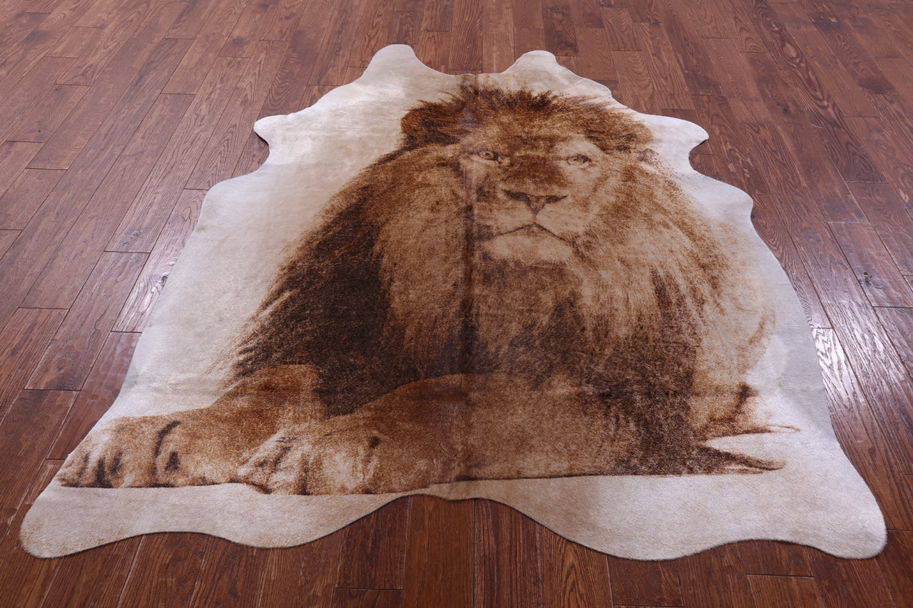 Lion Printed Natural Cowhide Rug - Large 6' 9"H x 5' 8"W