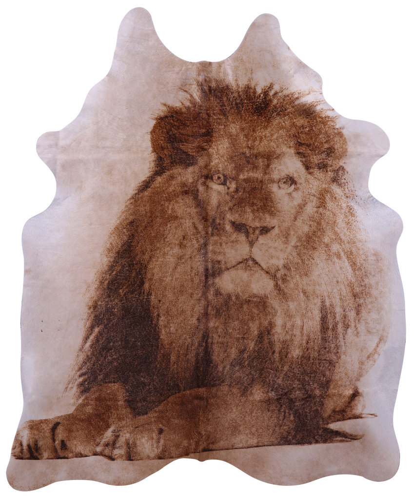 Lion Printed Natural Cowhide Rug - Large 6' 9"H x 5' 8"W