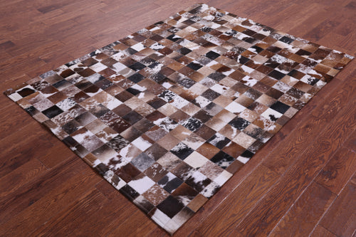 Brown & White Patchwork Natural Cowhide Rug - 5' 0