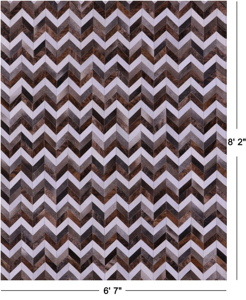 Brown & White Chevron Patchwork Grey Natural Cowhide Rug - 6' 7