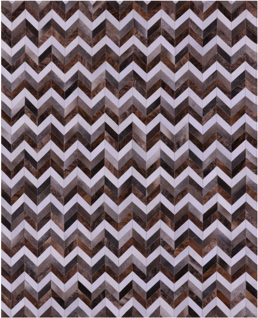 Brown & White Chevron Patchwork Grey Natural Cowhide Rug - 6' 7" x 8' 2"