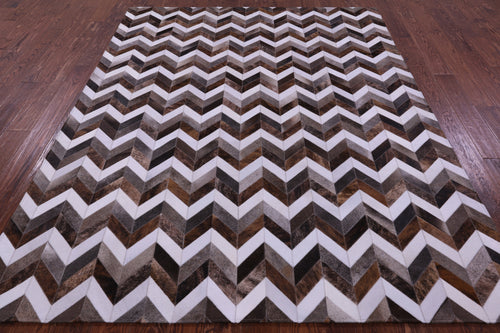 Brown & White Chevron Patchwork Grey Natural Cowhide Rug - 6' 7