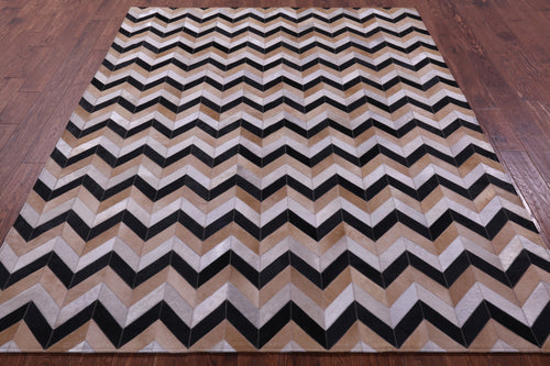 Brown & Beige Chevron Patchwork Black Natural Cowhide Rug - 6' 8